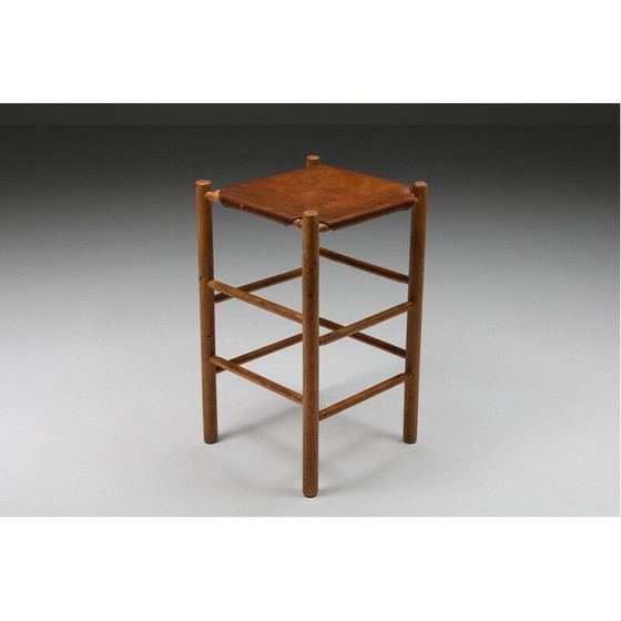 Image 1 of Vintage houten & leren barkruk, Frankrijk 1950