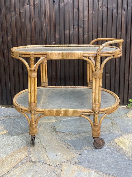 Rotan Serveer Trolley Met Glas