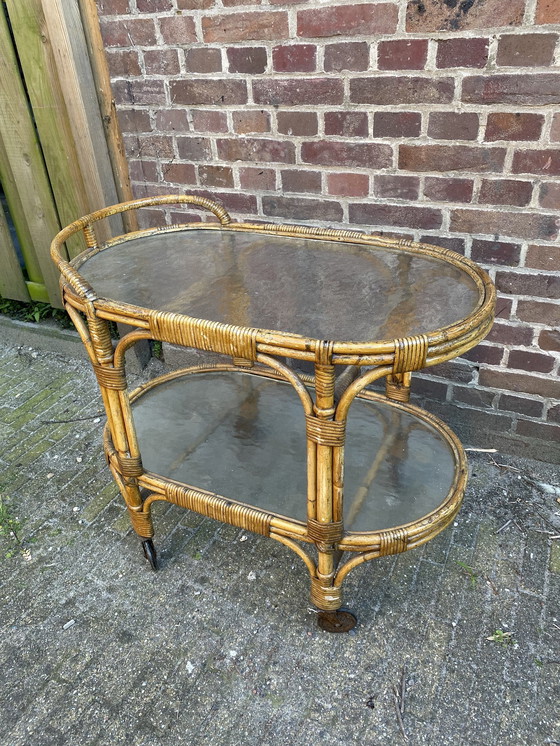 Image 1 of Rotan Serveer Trolley Met Glas