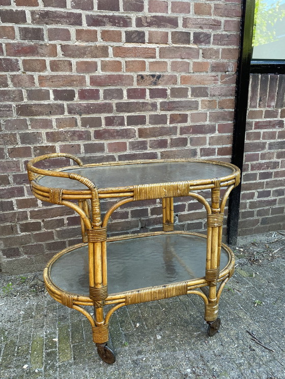 Image 1 of Rotan Serveer Trolley Met Glas