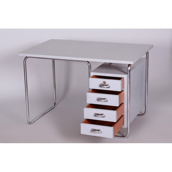 Image 1 of Vintage bureau met stoel in gelakt hout en verchroomd staal van Hynek Gottwald, Tsjechië jaren 1930