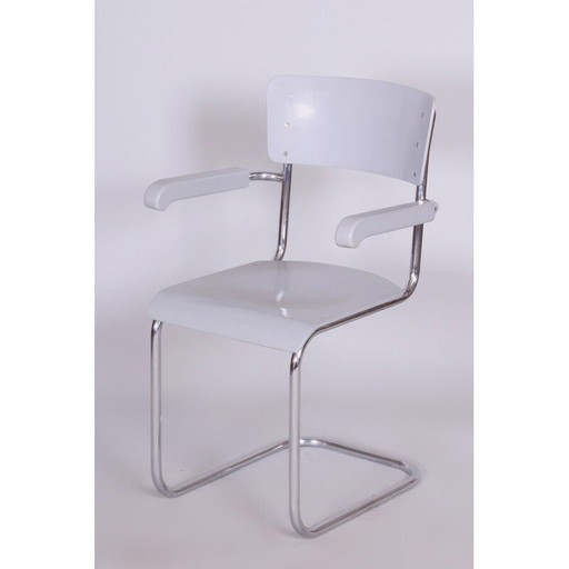 Vintage bureau met stoel in gelakt hout en verchroomd staal van Hynek Gottwald, Tsjechië jaren 1930