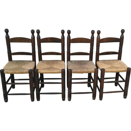 Set van 4 vintage stoelen van massief eikenhout en stro