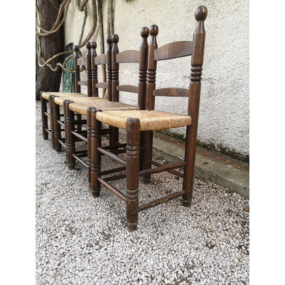 Image 1 of Set van 4 vintage stoelen van massief eikenhout en stro