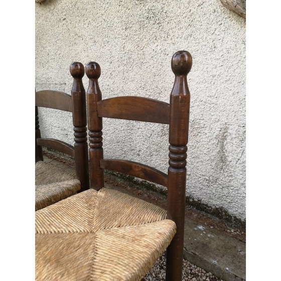 Image 1 of Set van 4 vintage stoelen van massief eikenhout en stro
