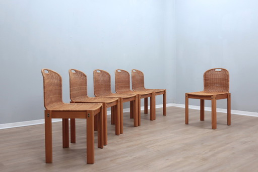 Rieten en houten stoelen 1970S, set van 6