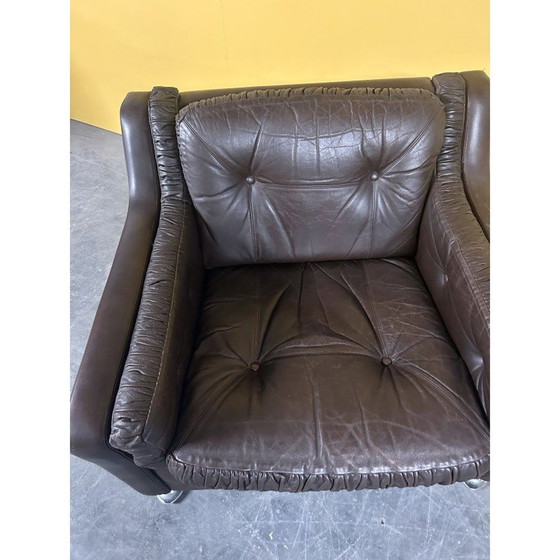 Image 1 of Deense vintage bruin leren fauteuil met lage rug, jaren 1960