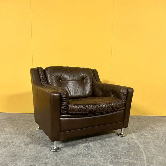 Image 1 of Deense vintage bruin leren fauteuil met lage rug, jaren 1960