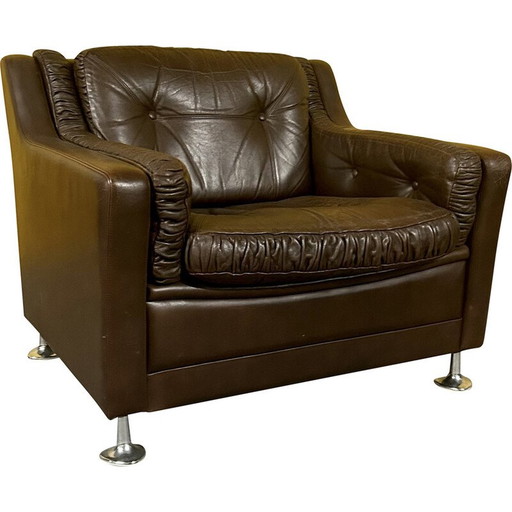 Deense vintage bruin leren fauteuil met lage rug, jaren 1960