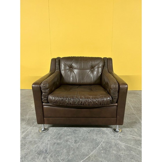 Image 1 of Deense vintage bruin leren fauteuil met lage rug, jaren 1960
