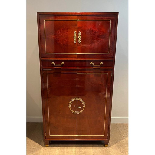 Vintage secretaire in gevlamd mahonie met bronzen sloten, 1970