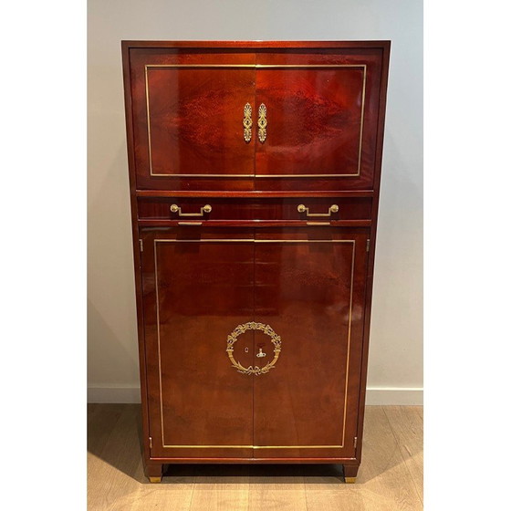 Image 1 of Vintage secretaire in gevlamd mahonie met bronzen sloten, 1970