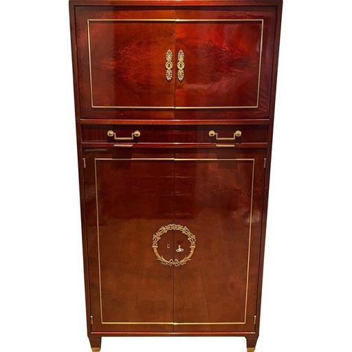 Vintage secretaire in gevlamd mahonie met bronzen sloten, 1970