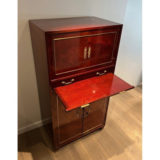 Image 1 of Vintage secretaire in gevlamd mahonie met bronzen sloten, 1970