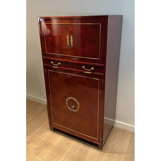 Image 1 of Vintage secretaire in gevlamd mahonie met bronzen sloten, 1970