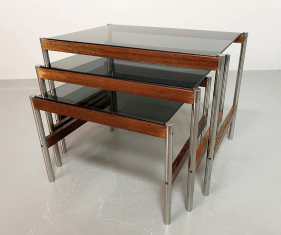 Image 1 of Dutch Design Nesting Tables Met Rookglas Top