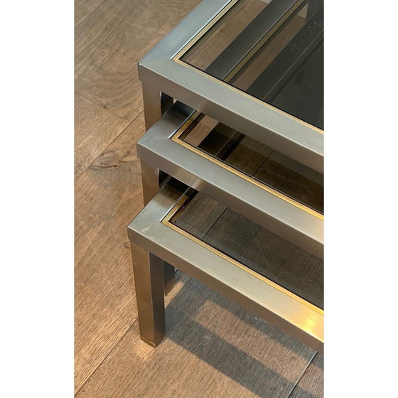 Image 1 of Vintage nesttafels van geborsteld staal en messing, Frankrijk 1970