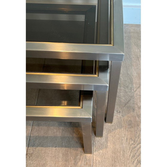 Image 1 of Vintage nesttafels van geborsteld staal en messing, Frankrijk 1970