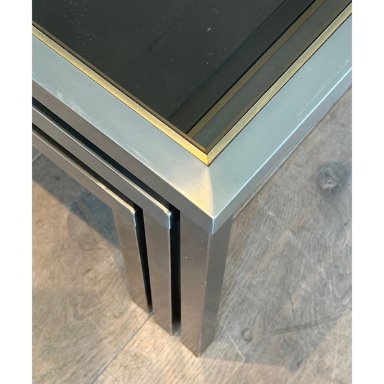 Image 1 of Vintage nesttafels van geborsteld staal en messing, Frankrijk 1970