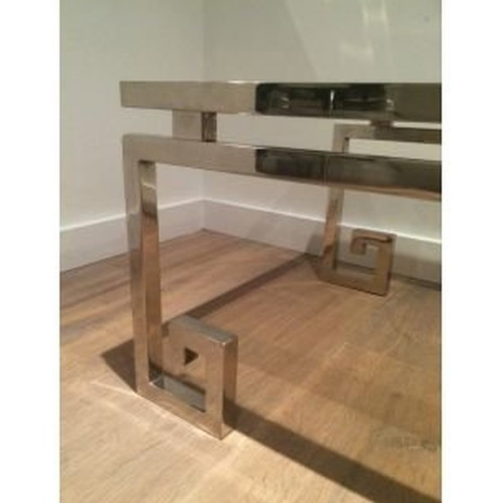 Image 1 of Franse vintage salontafel van zilverstaal en glas, 1970