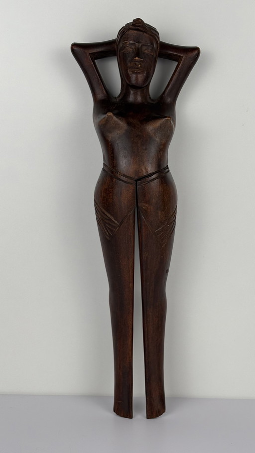 Vintage Houtsnijwerk Dames Notenkraker Donker Hout Kunst 