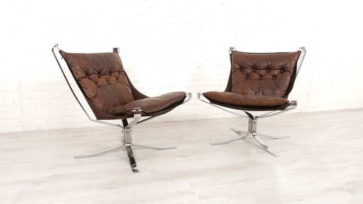 2 X Vintage Fauteuil | Falcon | Sigurd Ressell | Leer