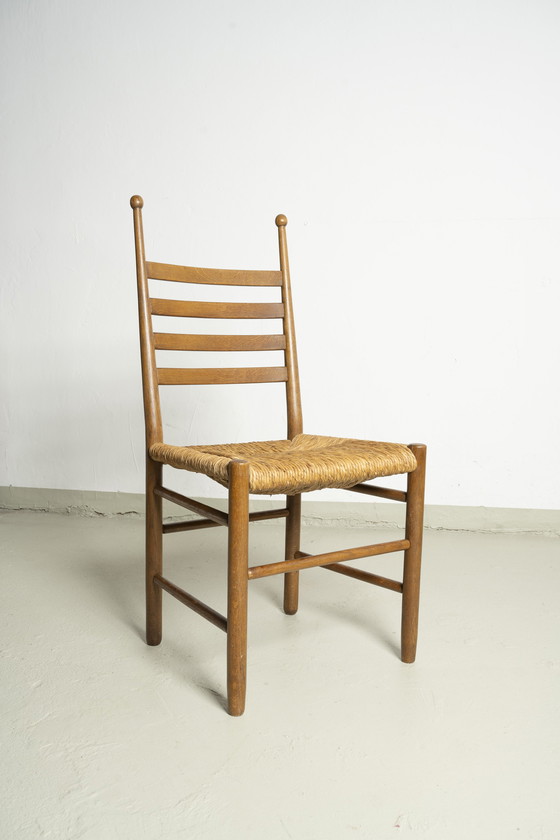 Image 1 of 6x vintage houten stoelen met biezen vlechtwerk