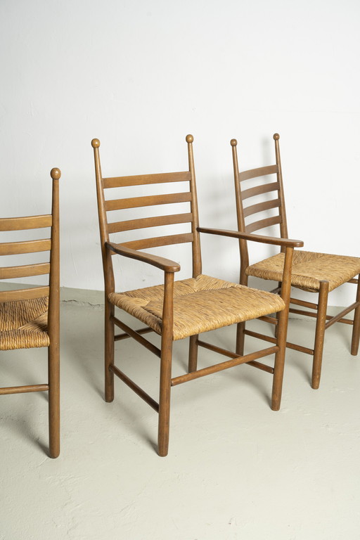 6x vintage houten stoelen met biezen vlechtwerk