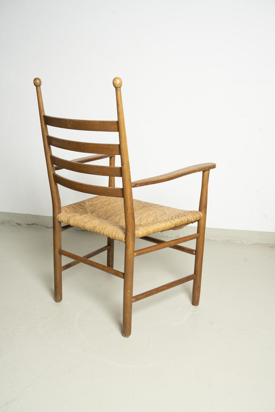 Image 1 of 6x vintage houten stoelen met biezen vlechtwerk