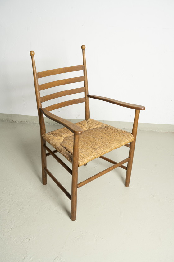 Image 1 of 6x vintage houten stoelen met biezen vlechtwerk