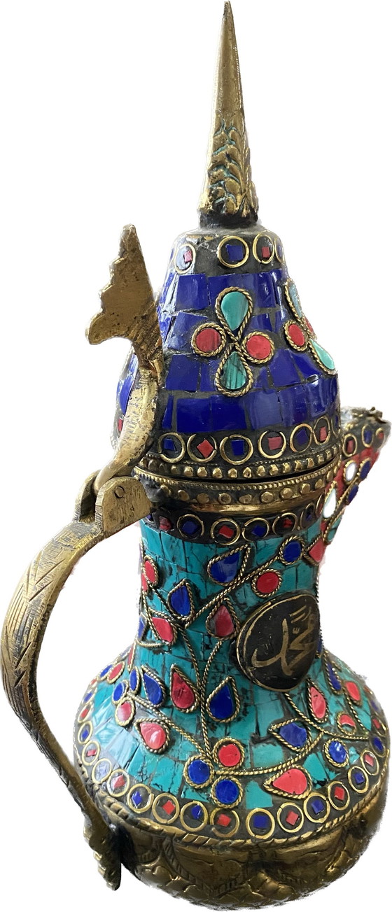 Image 1 of Unieke Handgemaakte Bronzen Theepot Uit Kashmir Met Edelstenen