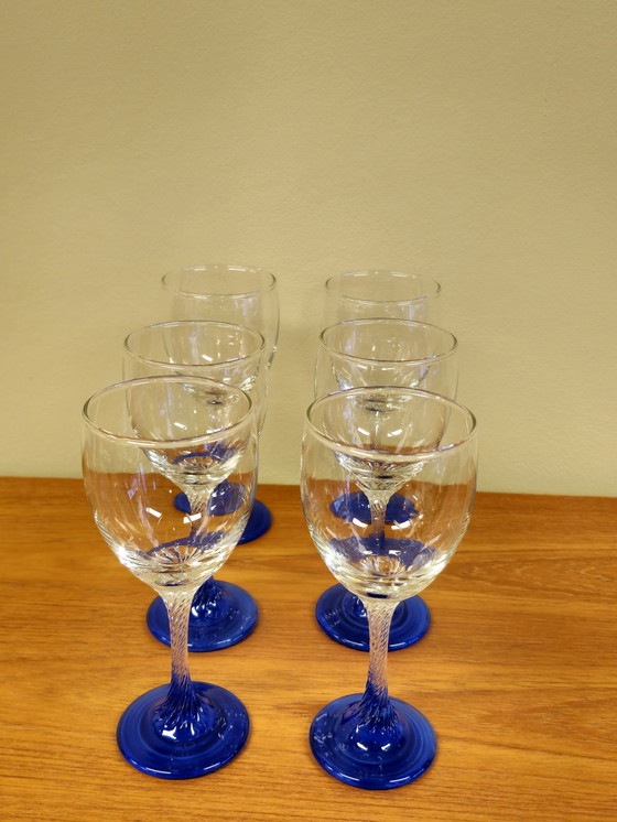 Image 1 of Set Van 6 Vintage Wijnglazen Wijn Glazen Blauw 