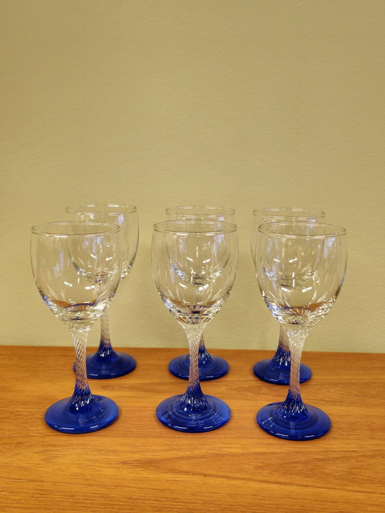 Image 1 of Set Van 6 Vintage Wijnglazen Wijn Glazen Blauw 