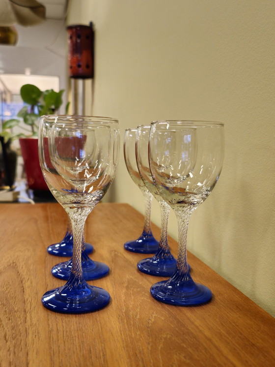 Image 1 of Set Van 6 Vintage Wijnglazen Wijn Glazen Blauw 