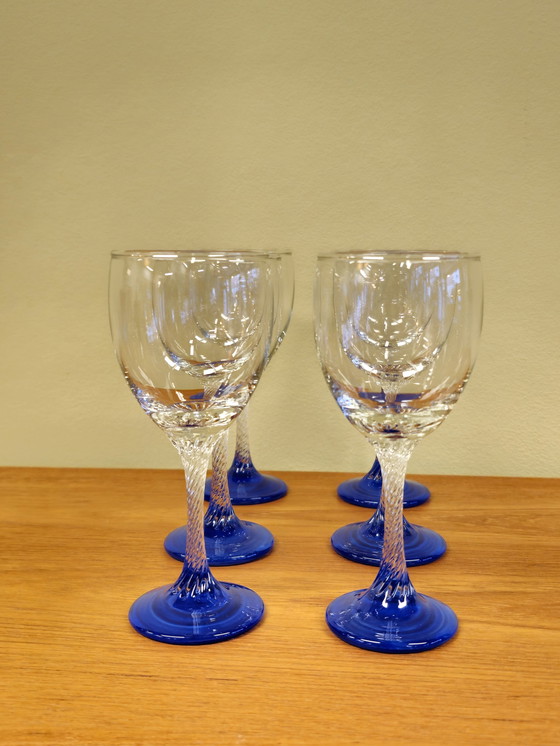 Image 1 of Set Van 6 Vintage Wijnglazen Wijn Glazen Blauw 