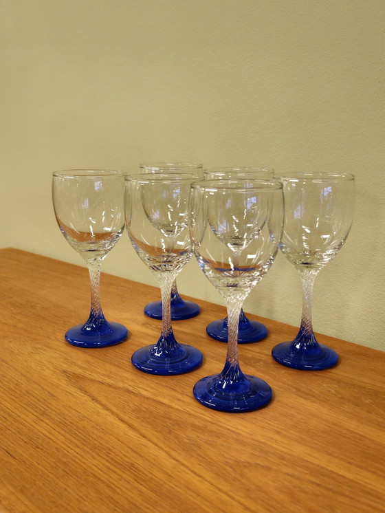 Image 1 of Set Van 6 Vintage Wijnglazen Wijn Glazen Blauw 