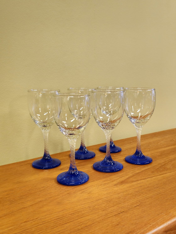 Image 1 of Set Van 6 Vintage Wijnglazen Wijn Glazen Blauw 