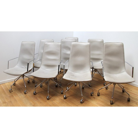 Image 1 of Set van 8 vintage Comet bureaustoelen in chroom aluminium en beige gebeitst leer voor Lammhults