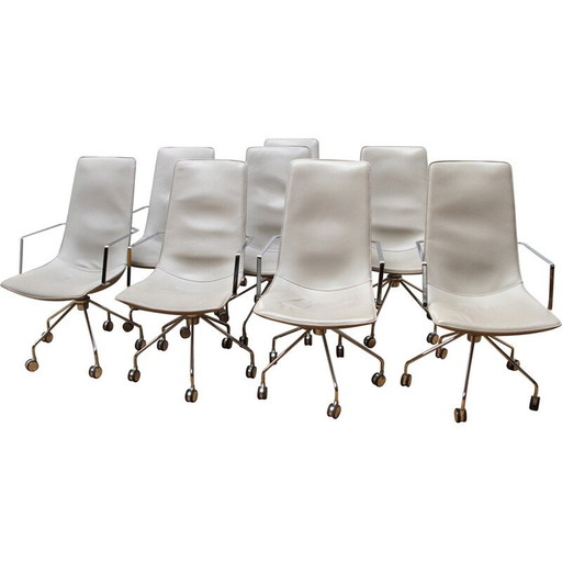 Set van 8 vintage Comet bureaustoelen in chroom aluminium en beige gebeitst leer voor Lammhults
