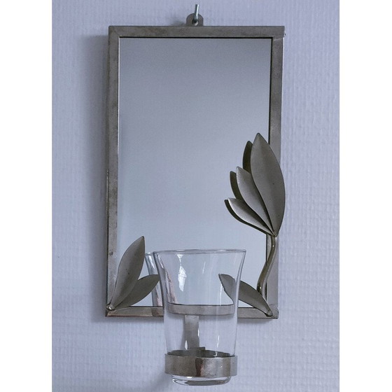 Image 1 of Vintage verzilverde metalen wandkandelaar met bladdecoratie, 1970