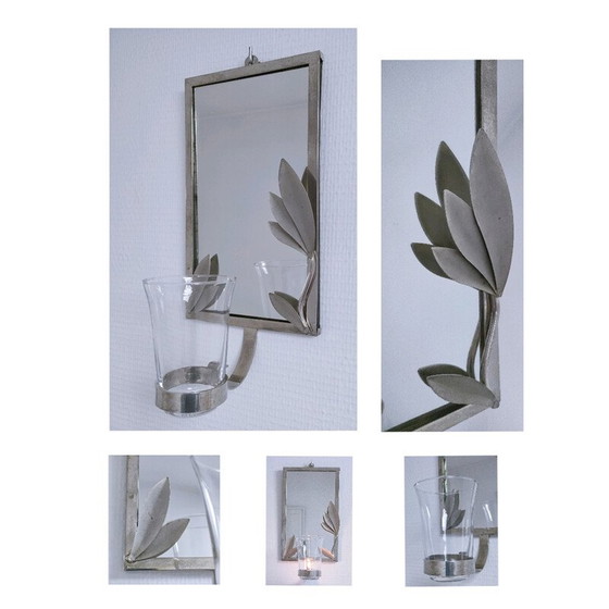 Image 1 of Vintage verzilverde metalen wandkandelaar met bladdecoratie, 1970