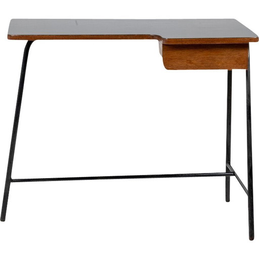 Vintage eiken en zwart metalen bureau van Jacques Hitier voor Mbo, 1951