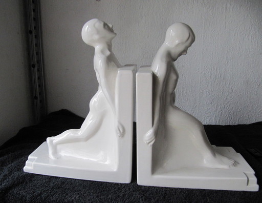 2X Art Deco Boekensteunen Van Godefridus Boonekamp Plateelbakkerij Schoonhoven Jaren 30,