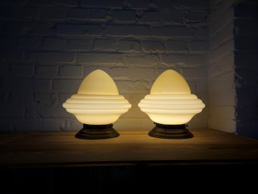 Set Van 2 Art Deco Pastel Gele Glazen Plafondlampen