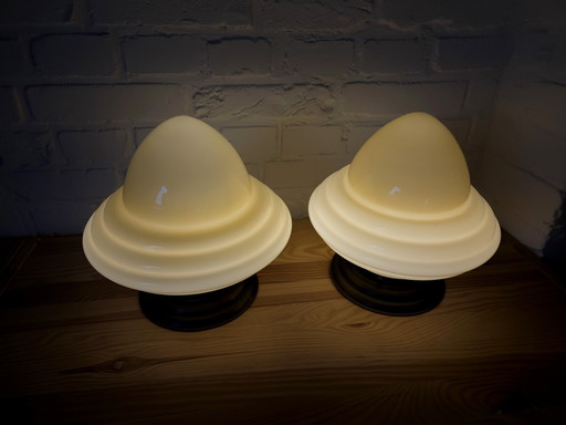 Set Van 2 Art Deco Pastel Gele Glazen Plafondlampen