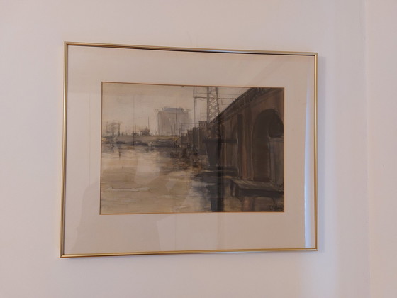 Image 1 of Schilderij Fred Fritschy - Brug Bij Grote Rivier