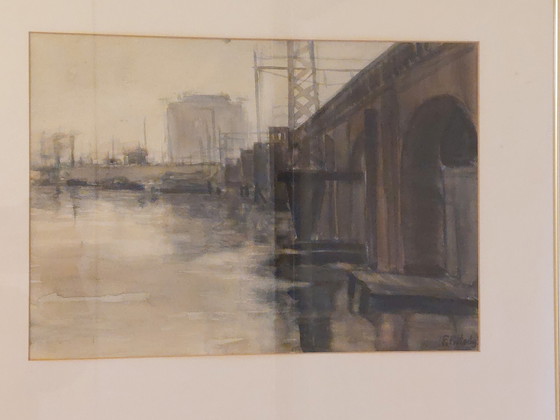 Image 1 of Schilderij Fred Fritschy - Brug Bij Grote Rivier