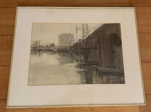 Schilderij Fred Fritschy - Brug Bij Grote Rivier