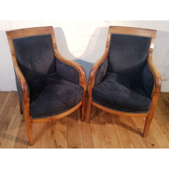 Image 1 of Vintage koningsblauwe fluwelen en bewerkte mahonie fauteuil