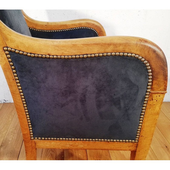 Image 1 of Vintage koningsblauwe fluwelen en bewerkte mahonie fauteuil